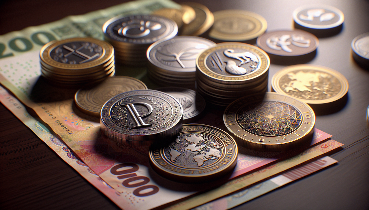 Monnaie en D diversifiée sur surface sombre, comprenant des couronnes danoises, des francs djiboutiens et des pesos dominicains.