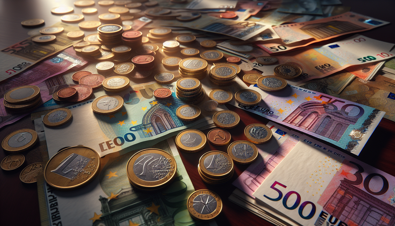 Pièces et billets de Monnaie en E sur table de bois, lumière naturelle, focus sur Euros.