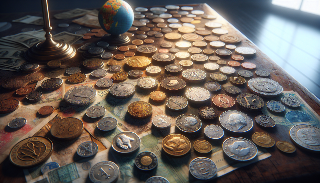 Affiche : "Monnaie en F, pièces et billets de différents pays, de qualité avec Dall-e 3. Mise en scène sur table en bois vintage."