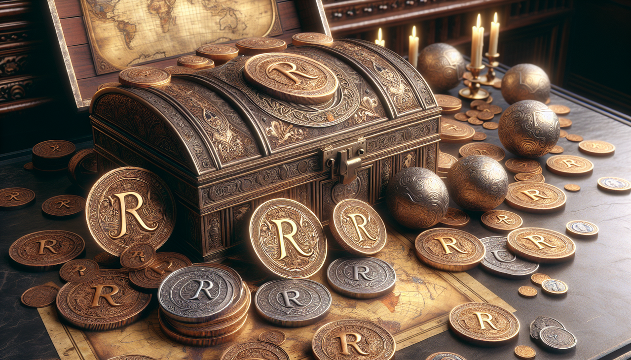 Ancient treasury room filled with R-themed coins overflowing from wooden chests.