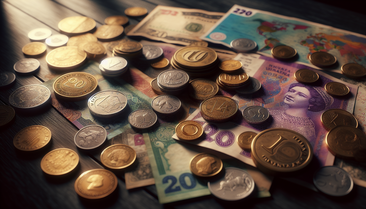 Monnaie en U : Variété de pièces et billets des pays Ugandan shilling, Ukrainian hryvnia et Uruguayan peso, sur table en bois sombre.