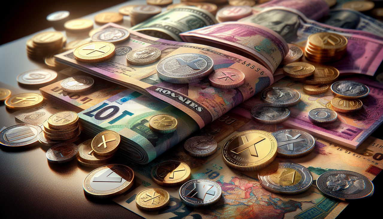 Illustration de diverses monnaies commencant par X, sur fond luxueux évoquant la richesse et la finance mondiale.